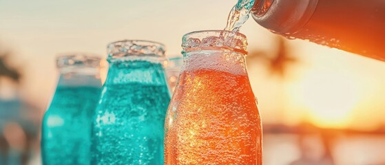 Refreshing liquid pours into chilled bottles. Colorful craft beverages at sunset. Fizzy drinks with condensation on clear glass container surface.