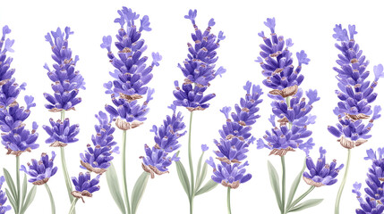 A vibrant row of purple lavender flowers, meticulously illustrated against a stark white background.