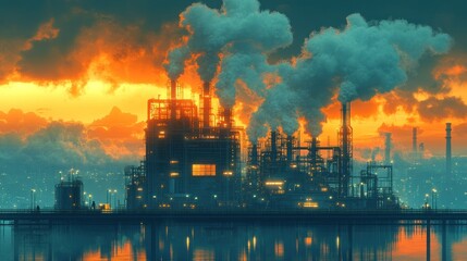 Fototapeta premium Industrial Sunset: A Reflection on Pollution and Progress