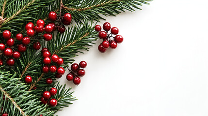 Evergreen branches adorned with bright red berries are arranged on a clean white surface, creating a festive and seasonal corner border.