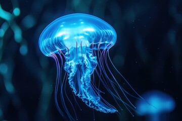 Ethereal Jellyfish Underwater a?" A mesmerizing scene of a bioluminescent jellyfish gracefully floating in the deep ocean, illuminated by soft blue light.