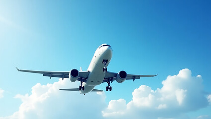 Obraz premium Majestic Airplane Soaring Through Azure Skies A Stunning Aerial View