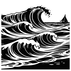 A black and white illustration of powerful ocean waves crashing.