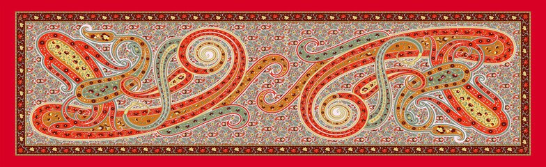 Bold Red Kalamkari Shawl Print – Matching Digital Textile Art with Ornamental Borders