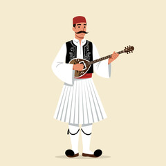 Man Playing Stringed Instrument in Traditional Dress with Mustache Illustration
