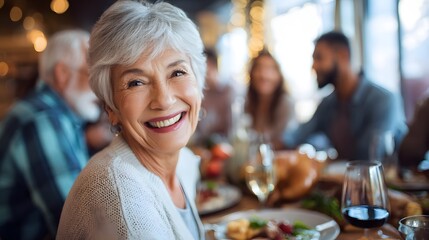A warm and joyful gathering of elderly family and friends celebrating a retirement milestone with a cozy dinner together in a comfortable home setting