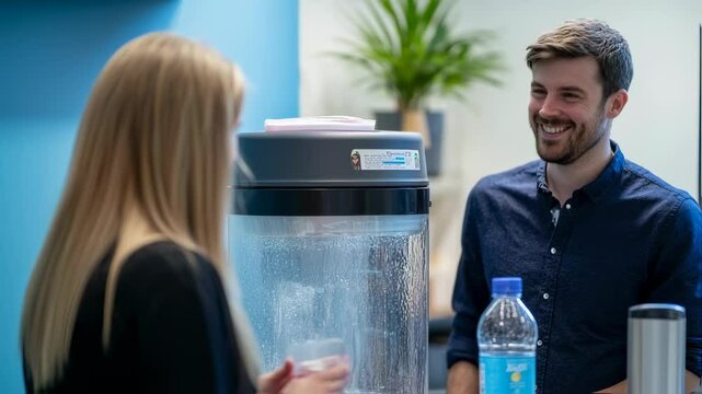 Office colleagues chatting by water cooler smiling during break time