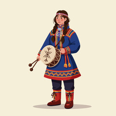 Obraz premium Woman Holding Traditional Drum in Ethnic Clothing Illustration Isolated