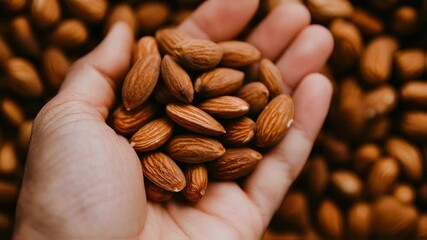 Handful of almonds being held up with a background of almonds