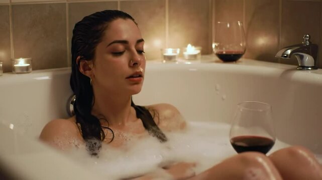 Woman soaking in bubbly tub