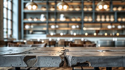 Industrial-Style Restaurant Interior with Textured Concrete Table and Blurred Dark Metal Shelves Filled with Modern Decor