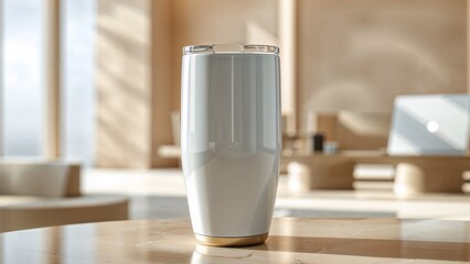 High-Gloss Tumbler on Marble Reception Counter with Blurred Laptop and Coffee Table Decor