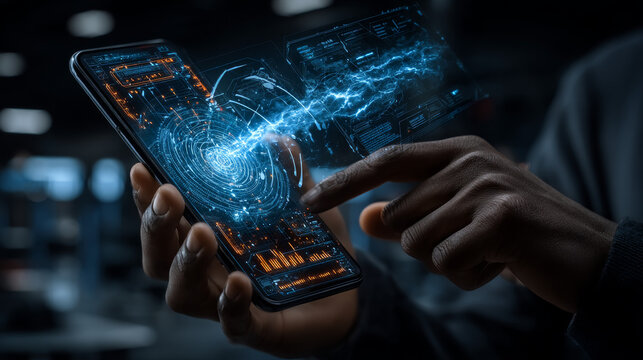 A person is using a mobile digital interface, highlighting Telecommunications networks, data transmission, wireless communication, broadband connectivity, signal processing, and user experience.