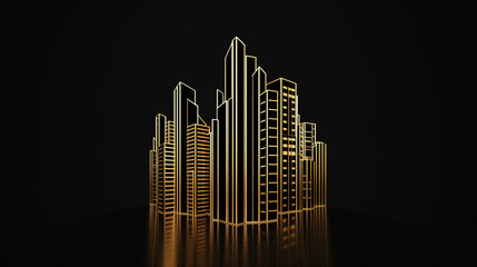 A city made of gold and silver buildings. The buildings are tall and shiny. The city is surrounded by water