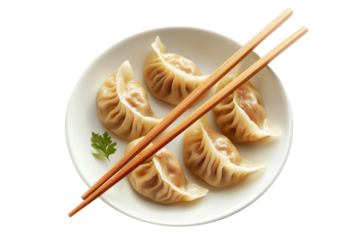 Steamed mandu dumplings placed on ceramic plate with chopstick, isolated on white transparent background, concept of Asian cuisine