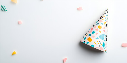 Party hat and confetti scattered on a bright white background, festive design.