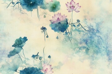 light pastel themed chinoiserie with watercolor lotus and vine details, forming a balanced, seamless artwork