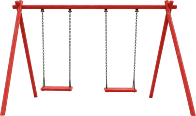 Empty Red Wooden Swing Set with Metal Chains Playground Equipment