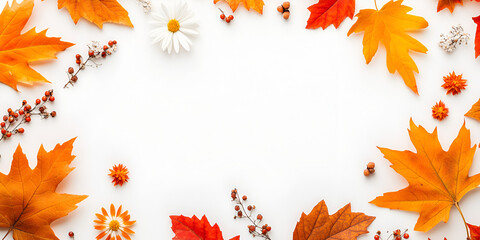 Autumnal arrangement of vibrant leaves, flowers, and berries arranged on white surface.