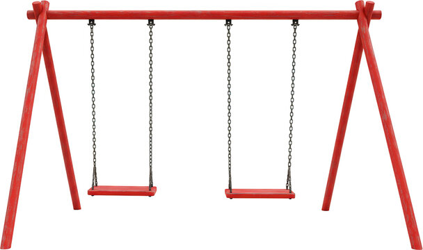 Empty Red Wooden Swing Set with Metal Chains Playground Equipment