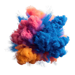 A vibrant, swirling cloud of pink, blue, and orange inks explodes against a black background, creating a dynamic and colorful abstract composition