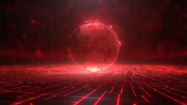Futuristic glowing soccer ball in a digital red environment - Powered by Adobe