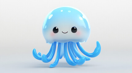 Obraz premium Kawaii Blue Jellyfish Character on white background. A glossy, chibi-style jellyfish with a round blue body and curled tentacles, featuring big sparkling eyes and a gentle smile.