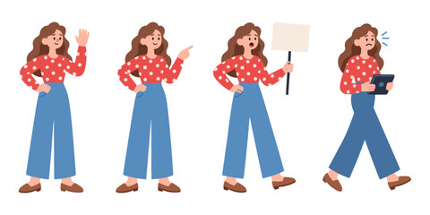 Young woman with long wavy hair in red polka dot shirt and blue pants showing various emotions and gestures Vector art illustration
