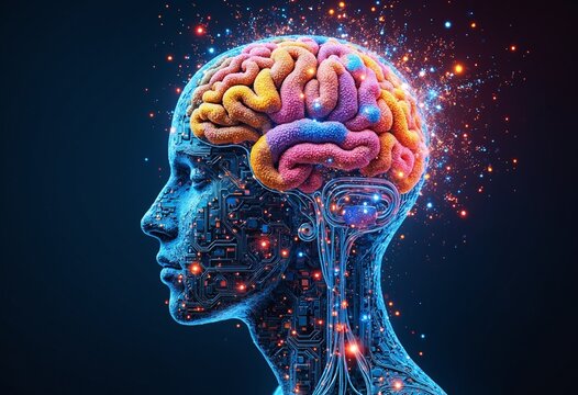 Colorful brain made of computer parts and exploding
