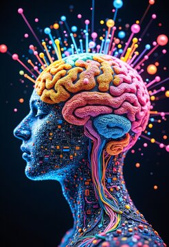 Colorful brain made of computer parts and exploding