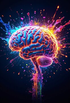 Colorful brain made of computer parts and exploding