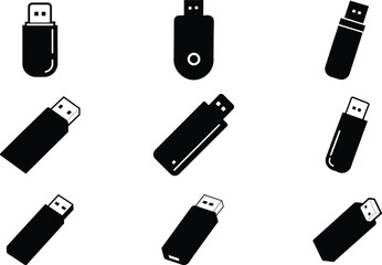 Modern USB Flash Drive Icon Set, Pen Drive Symbol, Vector Silhouette Illustrations, 
