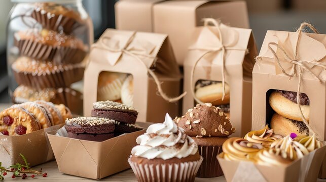 A display of assorted baked goods including cupcakes cookies and pastries in boxes and a glass jar