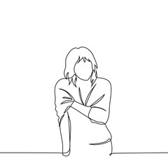 woman in sweater standing and scratching her shoulder - one line art vector. concept after vaccination, scabies, bite effects, anxiety