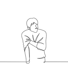 man in sweater standing and scratching his shoulder - one line art vector. concept after vaccination, scabies, bite effects, anxiety