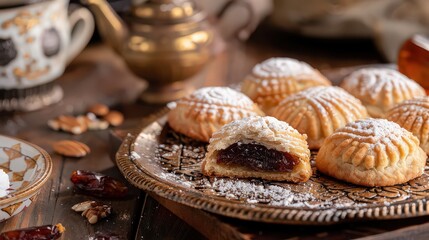 A close up of maamoul cookies on a decorative tray with a tea set in a warm and inviting setting