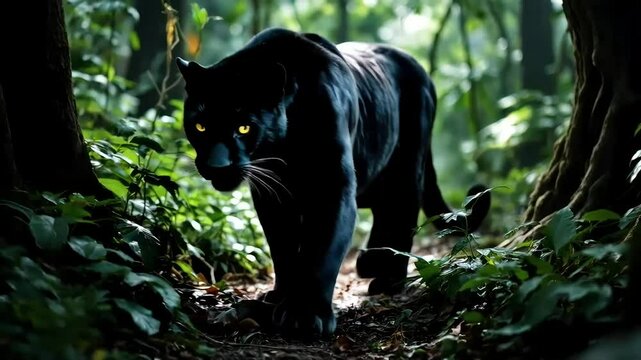 A black panther furtively approaches through a dense green forest with intense focus and vigilant posture. A concept of primal instinct and jungle survival