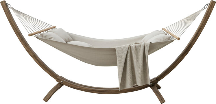 Relaxing Beige Hammock with Wooden Stand Cozy Pillows Throw Blanket Outdoor Patio Furniture