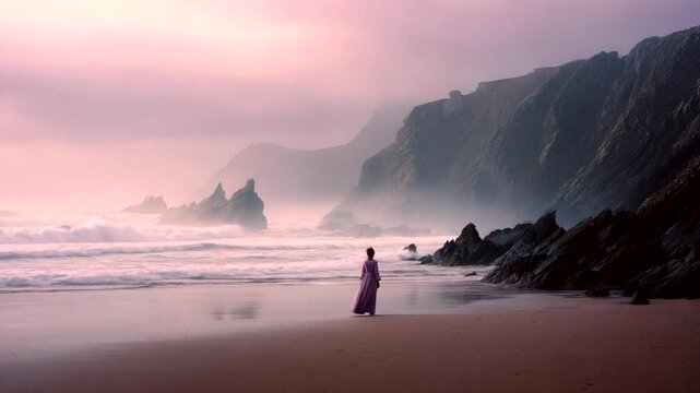 Person walking on a beach at sunrise or sunset,  with dramatic cliffs and waves.