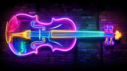 Violin neon sign on a brick wall