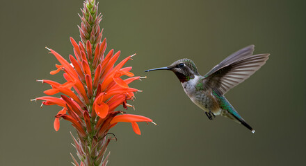 Hummingbird hovers near a vibrant orange flower in a moment of natural beauty
