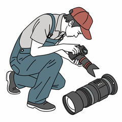 Vector illustration of technician polishing dslr camera lens, isolated on white  background