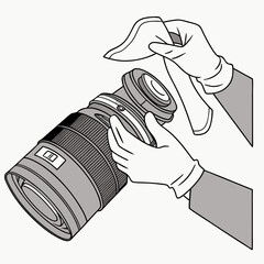 Vector illustration of technician polishing dslr camera lens, isolated on white  background