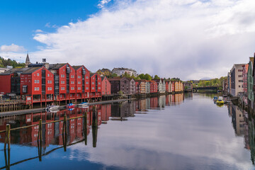 Colorful historical fishing houses of Trondheim, Norway, 
