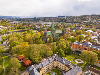 Nidaros Cathedral, Trondheim, Norway, aerial panoramic view, spring colors, historical buildings