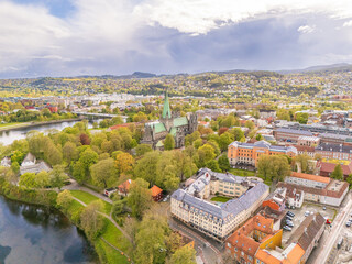 Nidaros Cathedral, Trondheim, Norway, aerial panoramic view, spring colors, historical buildings