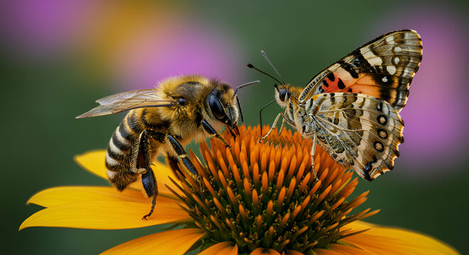 Close-up of a bee and a butterfly on a beautiful yellow coneflower with a soft bokeh background