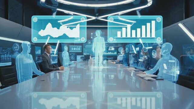 futuristic boardroom with transparent AI holograms showing international data charts, executives interacting with glowing AI advisors, minimalistic tech design, ambient lighting - Powered by Adobe