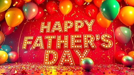 Joyful "Happy Father's Day" with multi colorful Balloons, Confetti, and Gifts on a Vibrant Backdrop