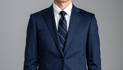 マットなグレー背景の前でネイビースーツを着た日本人男性が凛とした姿勢で正面を向き、シックで上品な印象を放つ
                        
                        